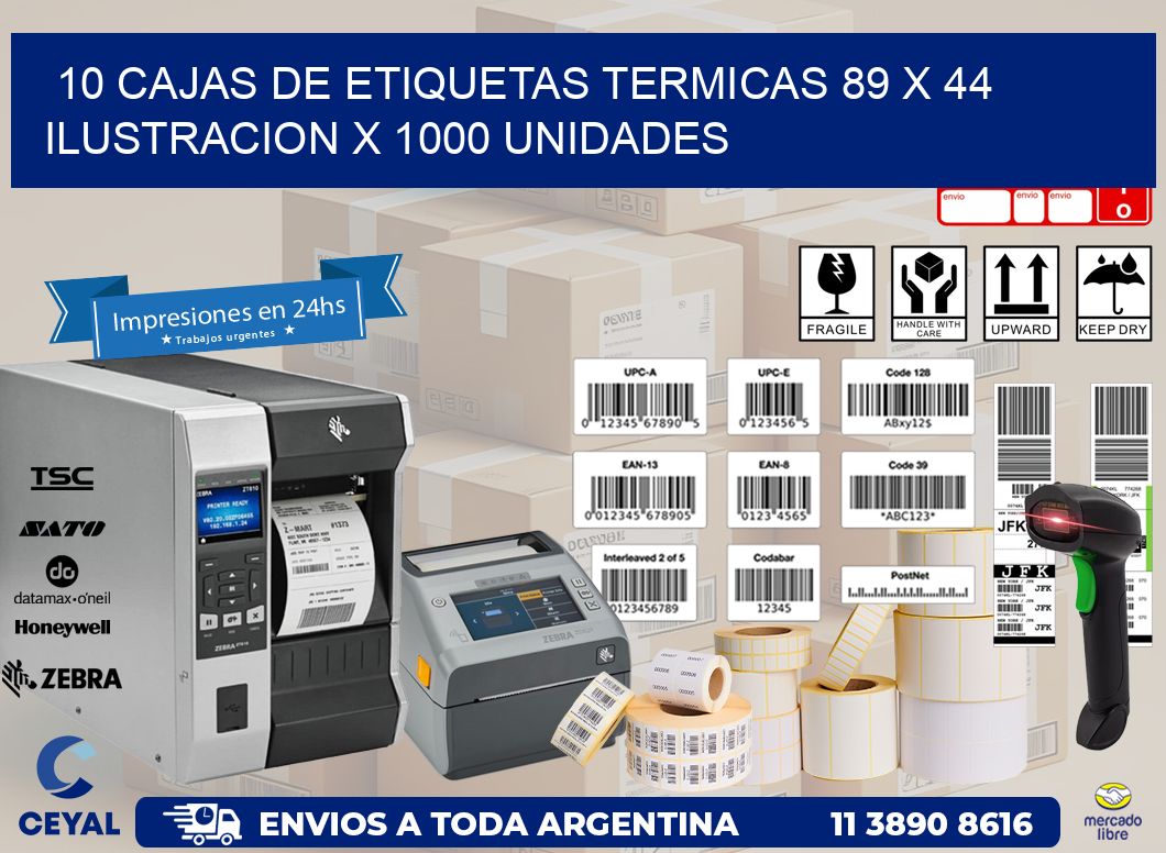 10 CAJAS DE ETIQUETAS TERMICAS 89 x 44 ILUSTRACION X 1000 UNIDADES