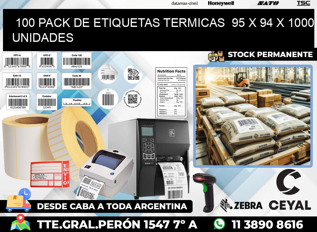 100 PACK DE ETIQUETAS TERMICAS  95 x 94 X 1000 UNIDADES