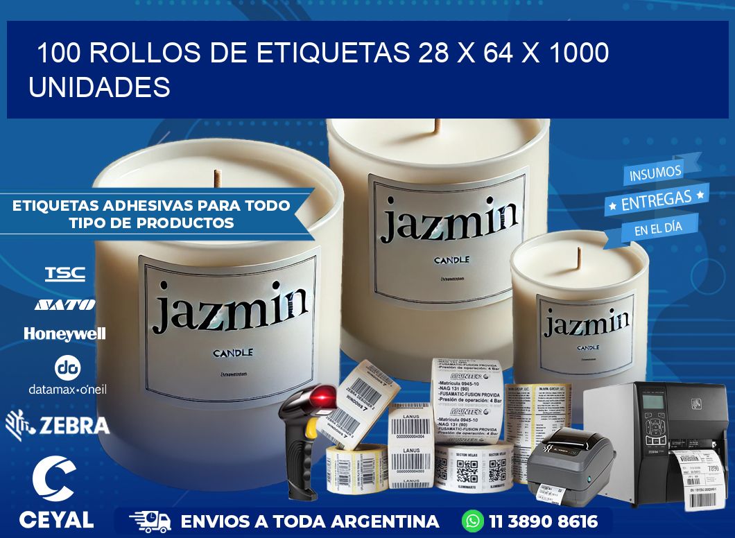 100 ROLLOS DE ETIQUETAS 28 x 64 X 1000 UNIDADES