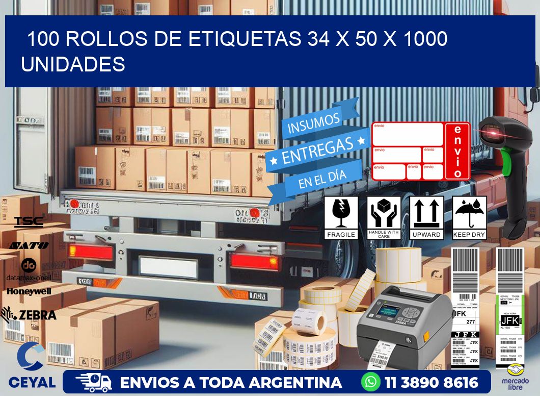 100 ROLLOS DE ETIQUETAS 34 x 50 X 1000 UNIDADES