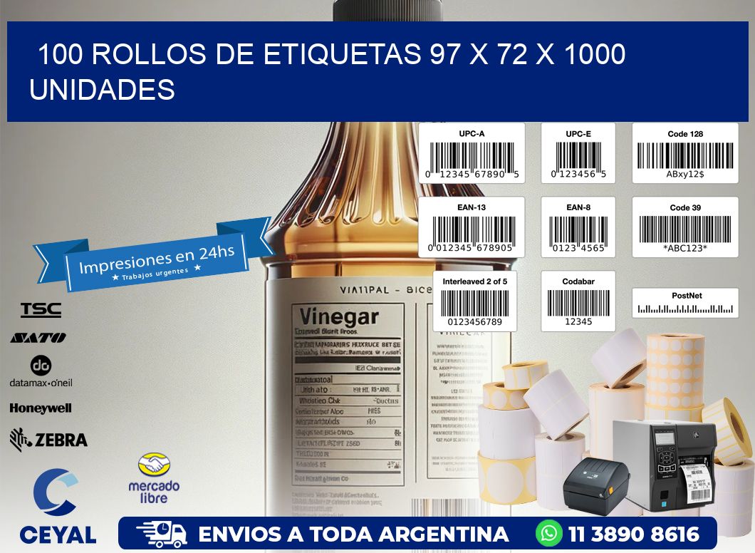 100 ROLLOS DE ETIQUETAS 97 x 72 X 1000 UNIDADES