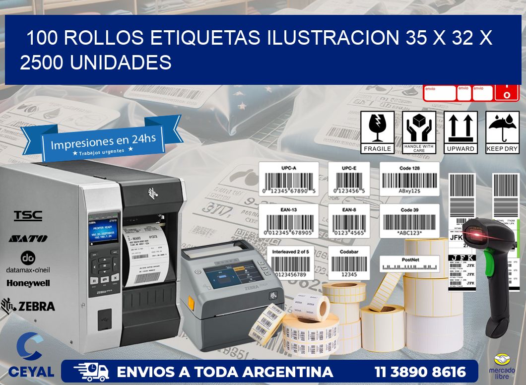 100 ROLLOS ETIQUETAS ILUSTRACION 35 x 32 X 2500 UNIDADES