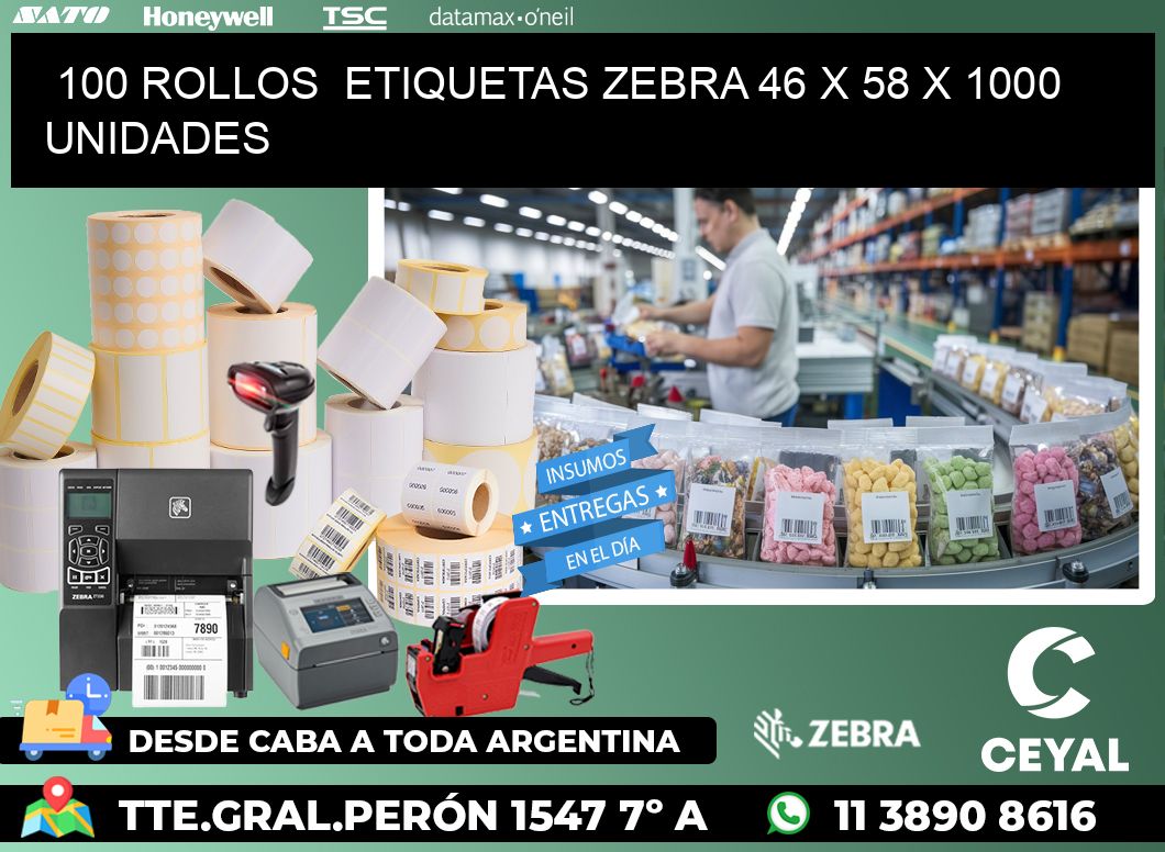 100 ROLLOS  ETIQUETAS ZEBRA 46 x 58 X 1000 UNIDADES