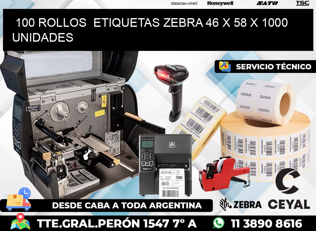 100 ROLLOS  ETIQUETAS ZEBRA 46 x 58 X 1000 UNIDADES