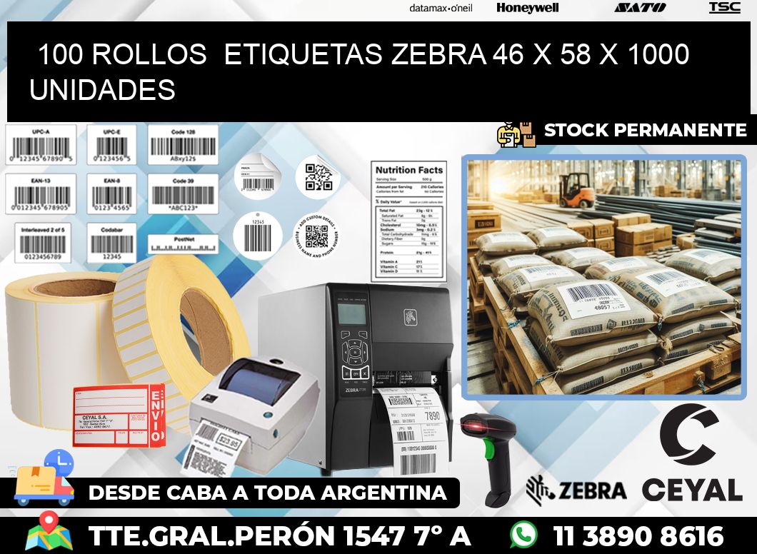 100 ROLLOS  ETIQUETAS ZEBRA 46 x 58 X 1000 UNIDADES