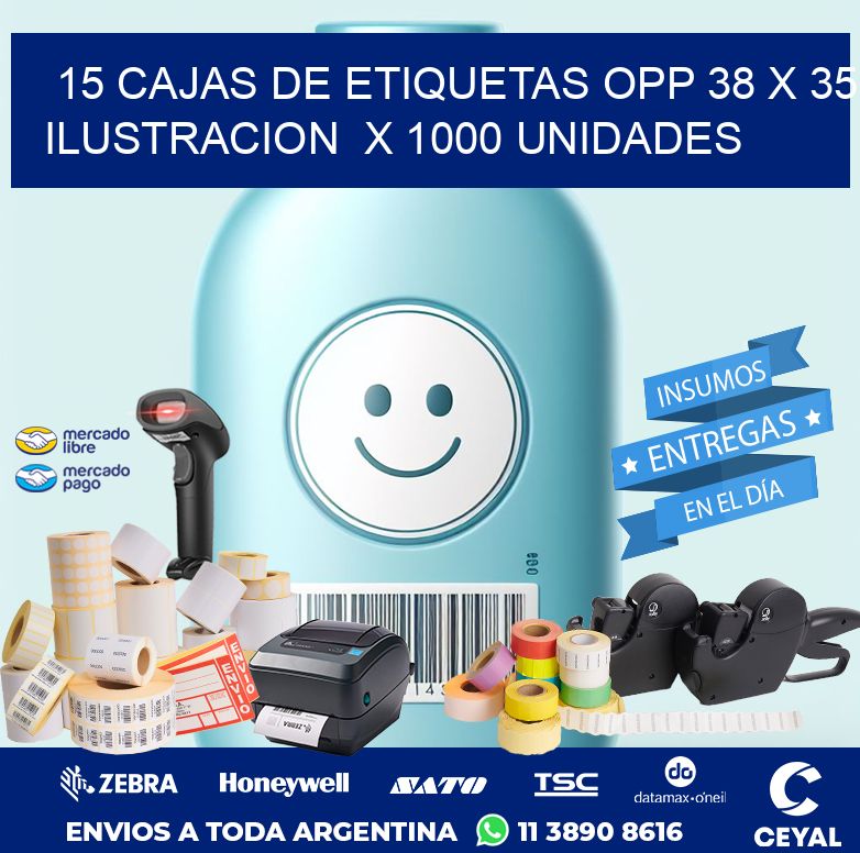 15 CAJAS DE ETIQUETAS OPP 38 x 35 ILUSTRACION  X 1000 UNIDADES