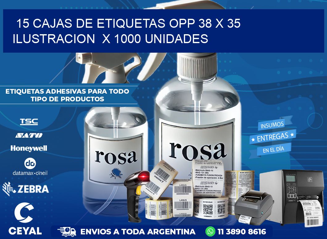 15 CAJAS DE ETIQUETAS OPP 38 x 35 ILUSTRACION  X 1000 UNIDADES