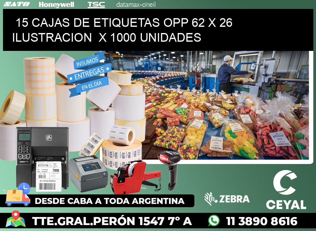 15 CAJAS DE ETIQUETAS OPP 62 x 26 ILUSTRACION  X 1000 UNIDADES