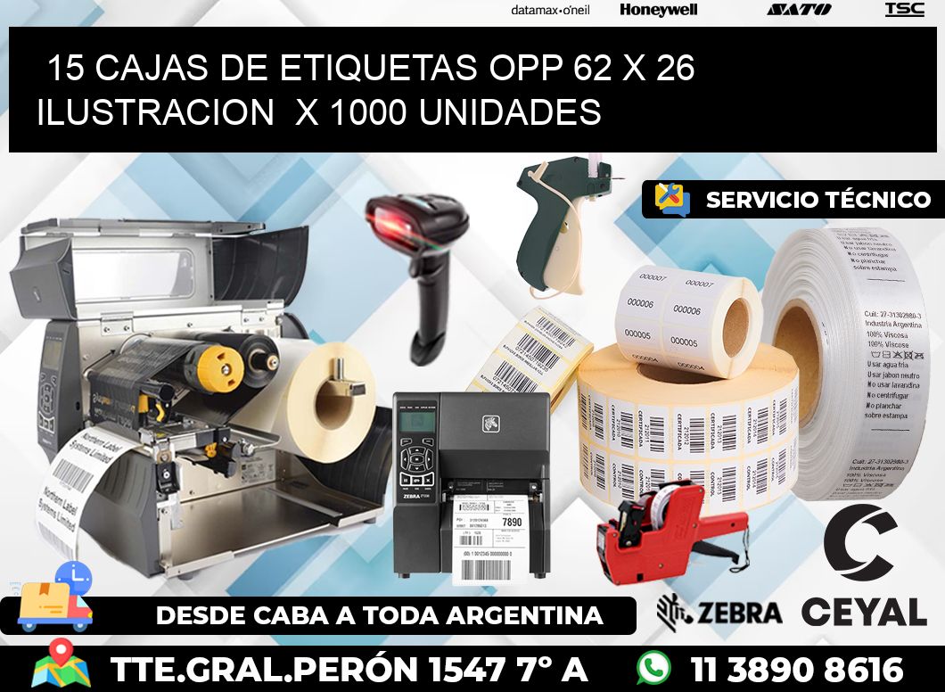 15 CAJAS DE ETIQUETAS OPP 62 x 26 ILUSTRACION  X 1000 UNIDADES