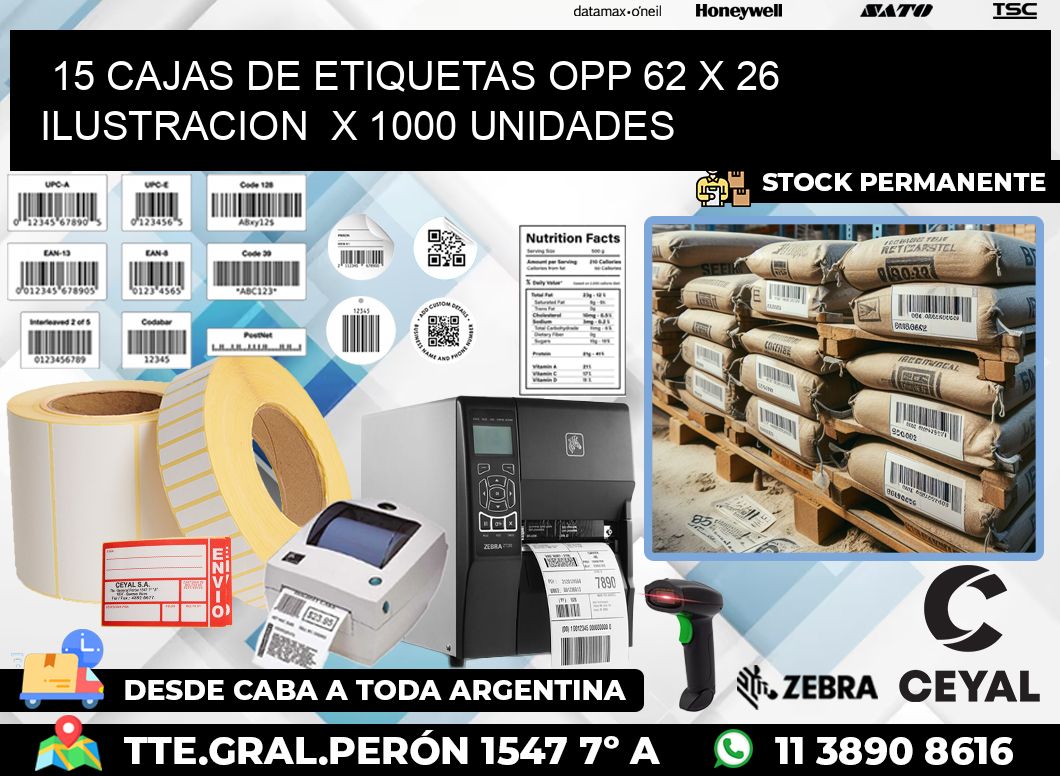 15 CAJAS DE ETIQUETAS OPP 62 x 26 ILUSTRACION  X 1000 UNIDADES