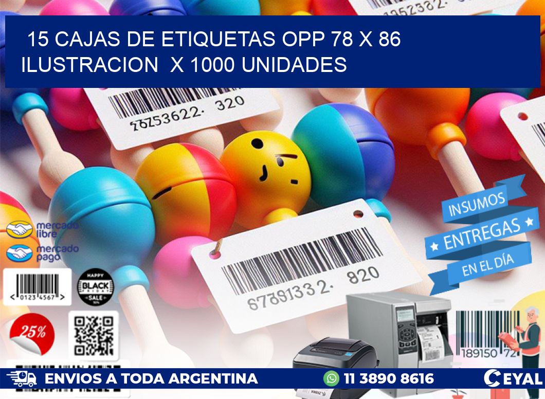 15 CAJAS DE ETIQUETAS OPP 78 x 86 ILUSTRACION  X 1000 UNIDADES