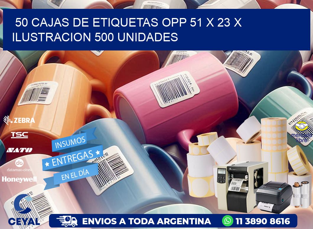 50 CAJAS DE ETIQUETAS OPP 51 x 23 X ILUSTRACION 500 UNIDADES