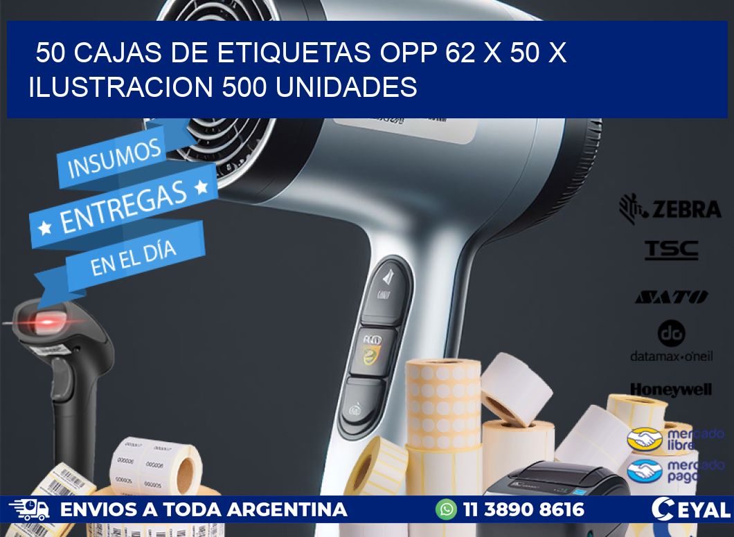 50 CAJAS DE ETIQUETAS OPP 62 x 50 X ILUSTRACION 500 UNIDADES