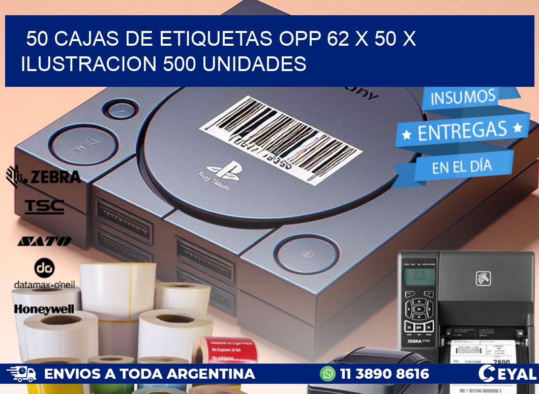 50 CAJAS DE ETIQUETAS OPP 62 x 50 X ILUSTRACION 500 UNIDADES