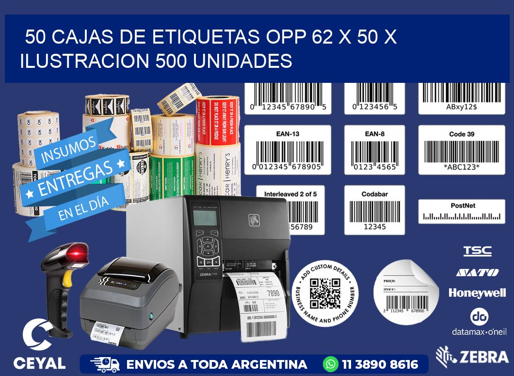 50 CAJAS DE ETIQUETAS OPP 62 x 50 X ILUSTRACION 500 UNIDADES