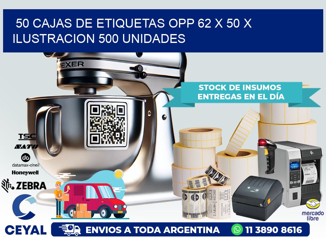 50 CAJAS DE ETIQUETAS OPP 62 x 50 X ILUSTRACION 500 UNIDADES