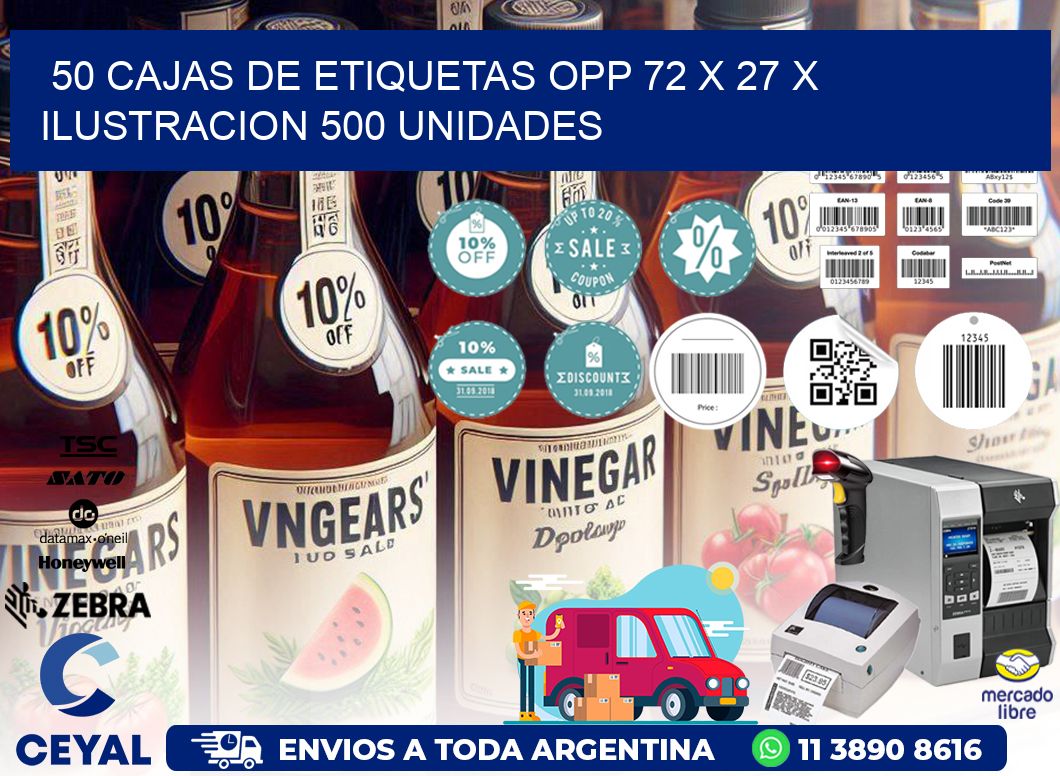 50 CAJAS DE ETIQUETAS OPP 72 x 27 X ILUSTRACION 500 UNIDADES