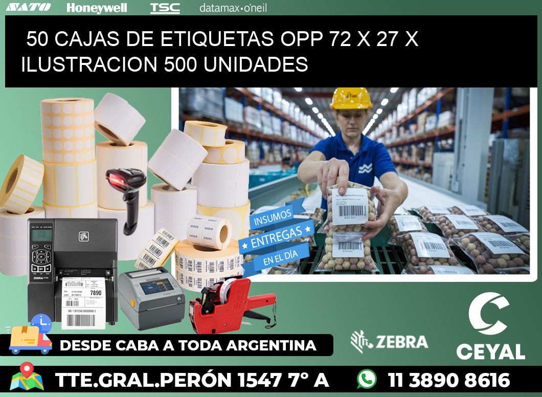 50 CAJAS DE ETIQUETAS OPP 72 x 27 X ILUSTRACION 500 UNIDADES