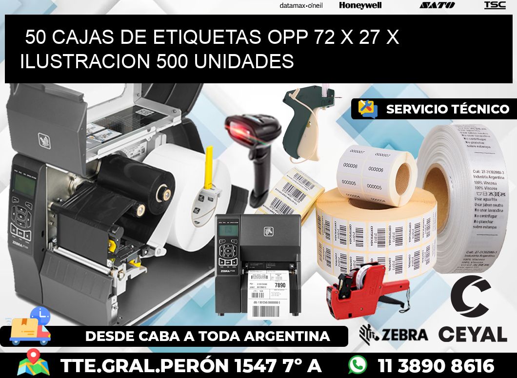 50 CAJAS DE ETIQUETAS OPP 72 x 27 X ILUSTRACION 500 UNIDADES