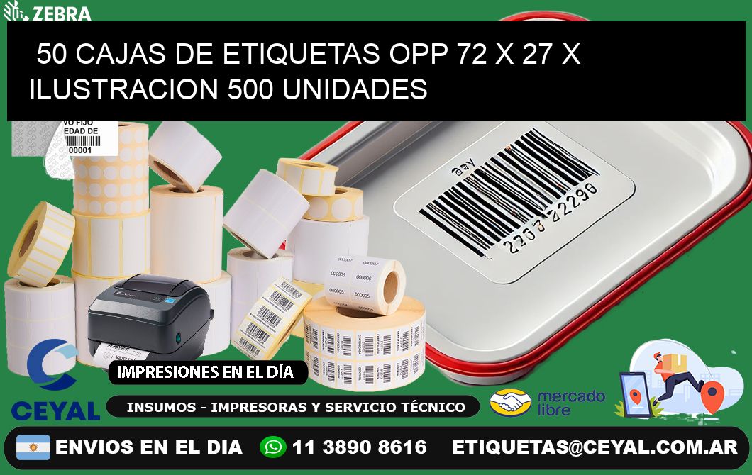 50 CAJAS DE ETIQUETAS OPP 72 x 27 X ILUSTRACION 500 UNIDADES