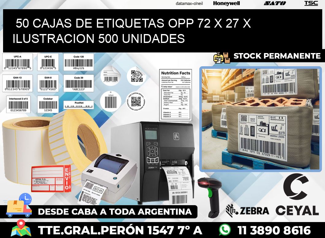 50 CAJAS DE ETIQUETAS OPP 72 x 27 X ILUSTRACION 500 UNIDADES