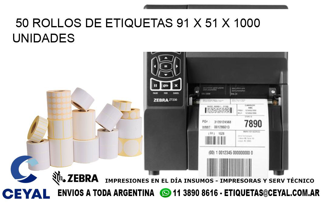 50 ROLLOS DE ETIQUETAS 91 x 51 X 1000 UNIDADES