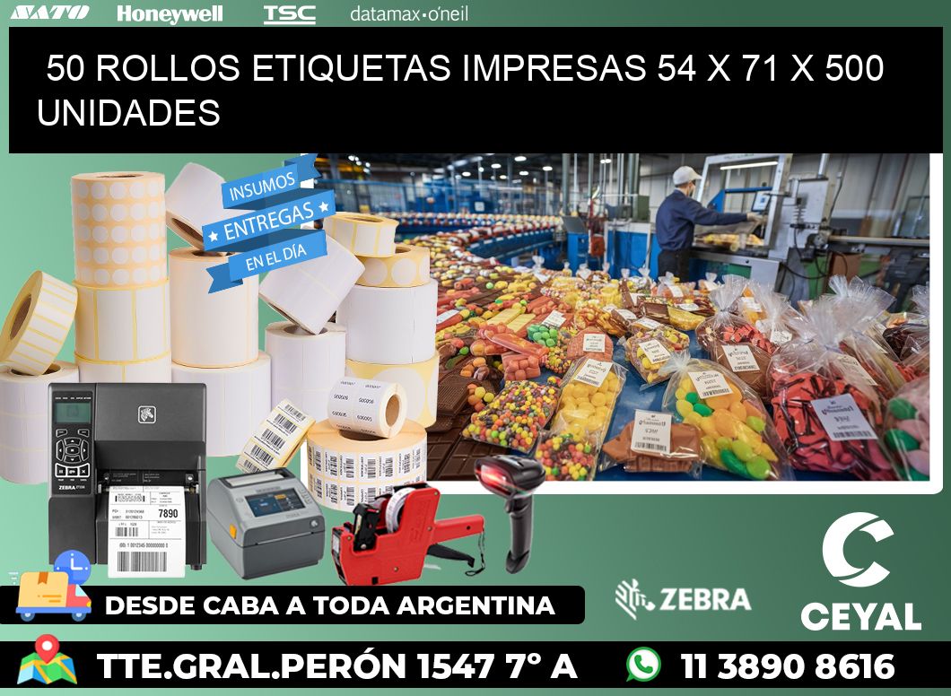 50 ROLLOS ETIQUETAS IMPRESAS 54 x 71 X 500 UNIDADES