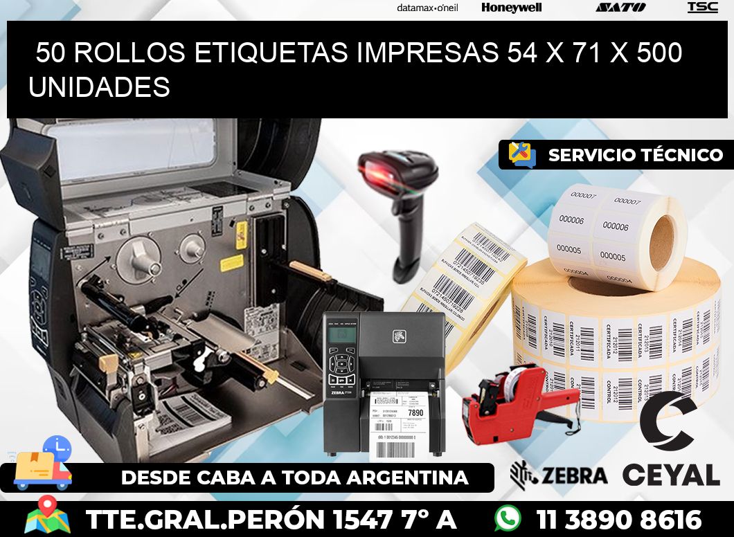 50 ROLLOS ETIQUETAS IMPRESAS 54 x 71 X 500 UNIDADES