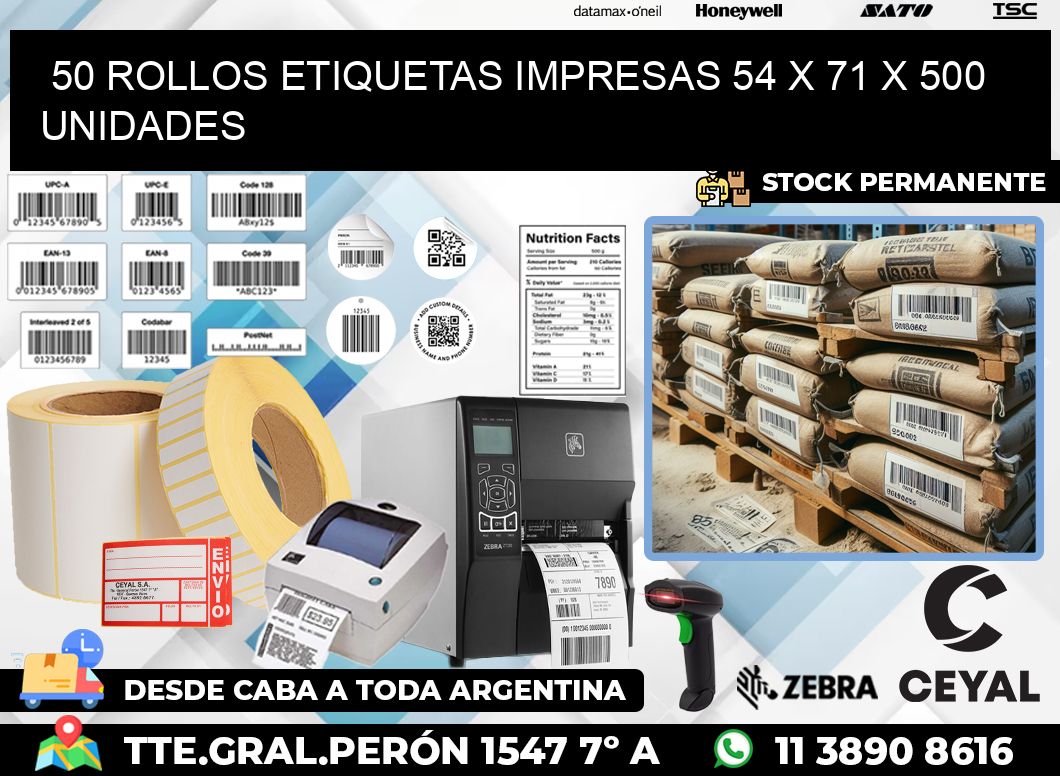 50 ROLLOS ETIQUETAS IMPRESAS 54 x 71 X 500 UNIDADES